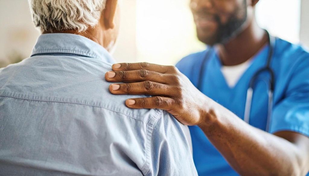 A healthcare worker in blue scrubs gently comforting an elderly patient with a supportive hand on the shoulder